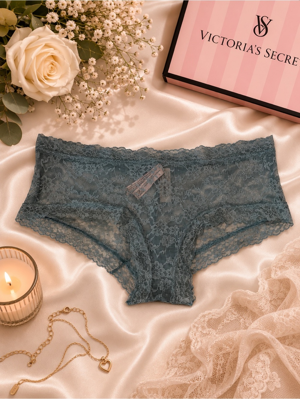 NWT Victoria’s Secret Cheeky Panty XL Blue Lace Floral Boyshort Panties Women’s
